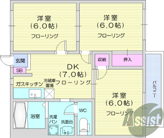 ※反転タイプ。3DK、エアコン、バストイレ別、独立洗面