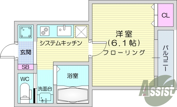 1K、浴室乾燥機、防犯カメラ、バルコニー。