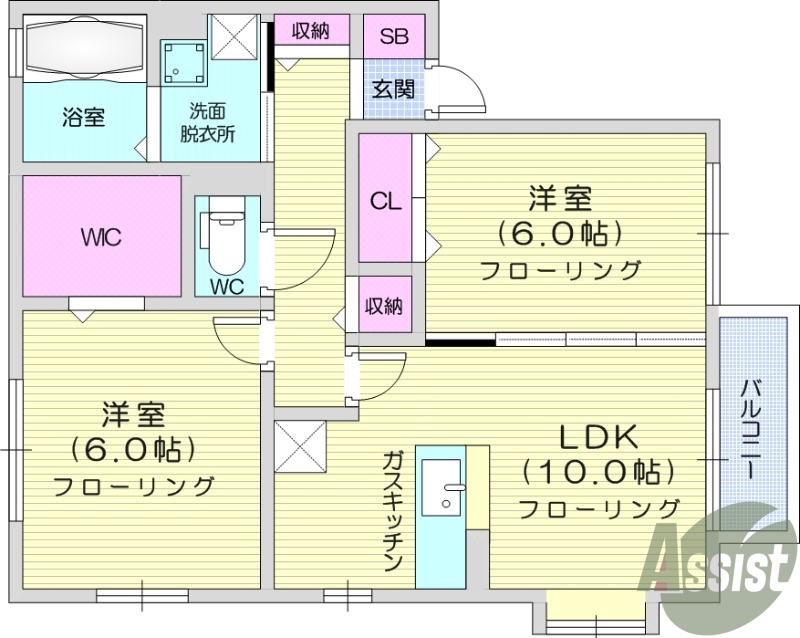 2LDK、追い焚き給湯、バストイレ別、南向き、ネット無料