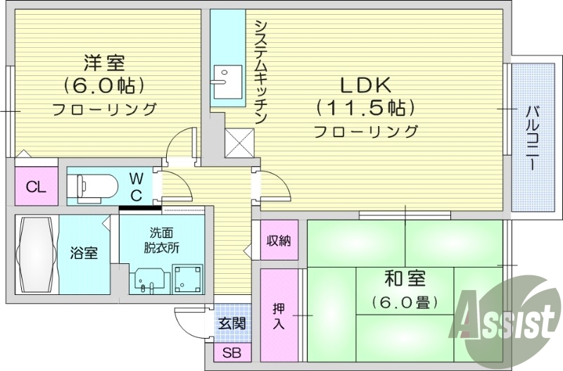 2LDK、和室、バルコニー、追い焚き給湯、物置付き