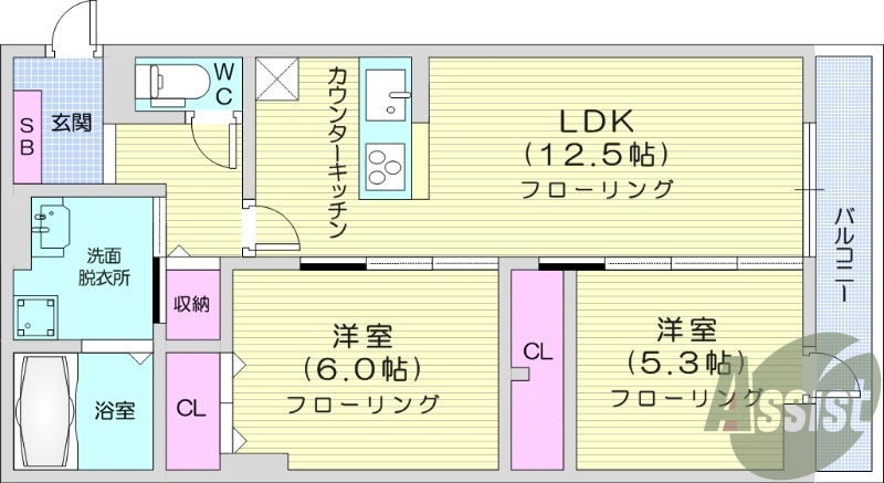 2LDK、南向き、バルコニー、システムキッチン、浴室乾燥機