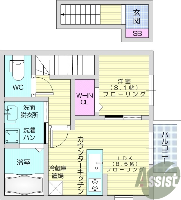 1LDK、ウォークインクローゼット、２口コンロ、浴室乾燥機
