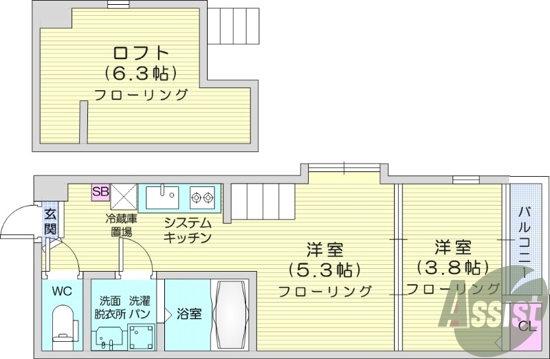 2K、二人入居可能、浴室乾燥付き、ロフト付き