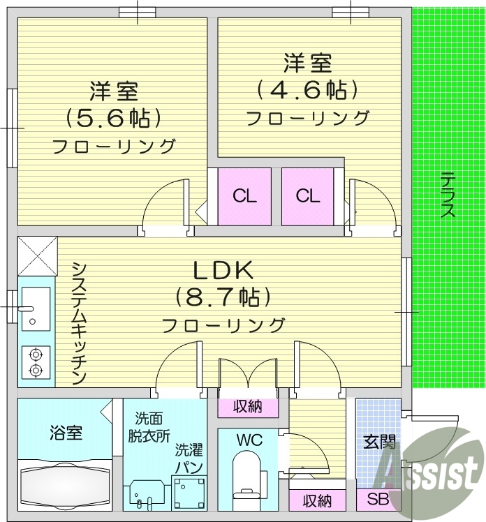 2LDK、戸建て、追炊き、エアコン2台、独立洗面台、テラス