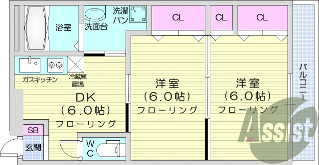 2DK、BT別、南向き、温水洗浄便座、都市ガス