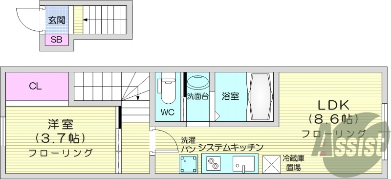 1LDK、デザイナーズ、システムキッチン、独立洗面台