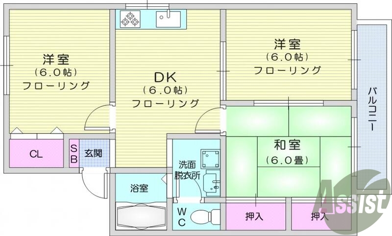 3DK、追い焚き機能、BS、温水便座機能付き。