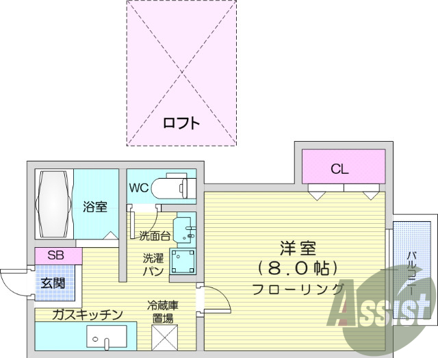 １K、ロフト付き、独立洗面台、バス・トイレ別