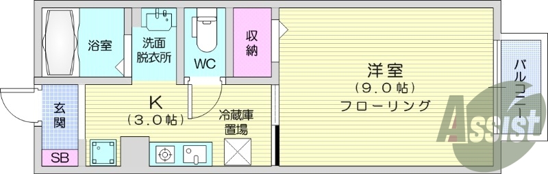 1K、シューズボックス、バストイレ別、バルコニー、エアコン