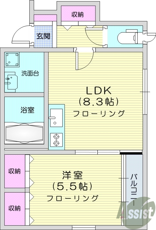 1LDK、インターネット使用料無料、独立洗面所