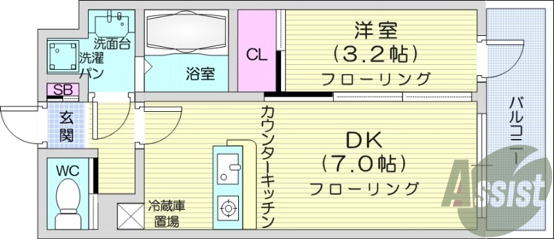 1DK、角部屋、独立洗面台、シャワートイレ、防犯カメラ
