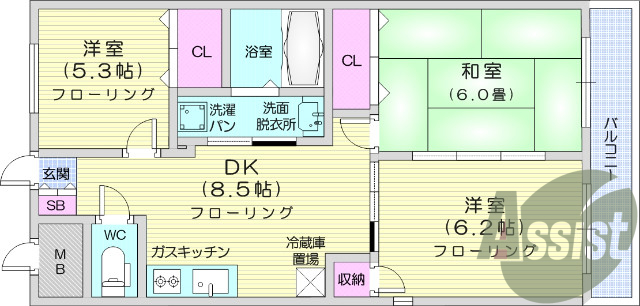 3DK、都市ガス、CATV、独立洗面台、エアコン
