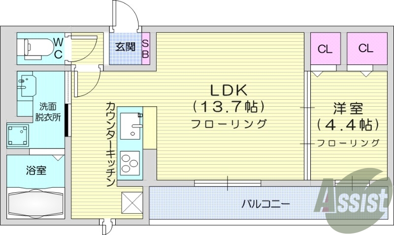 1LDK、エアコン、室内洗濯機置場、トイレ浴室別、収納