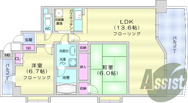 2LDK・エアコン、オートロック、バストイレ別、独立洗面台