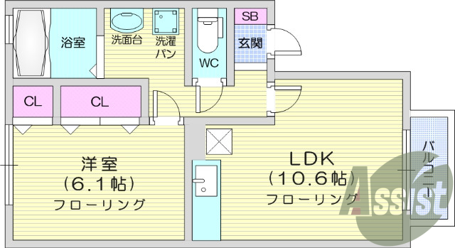 1LDK、エアコンバストイレ別、フローリング
