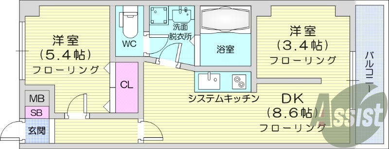 2DK、バルコニー、洗面脱衣所、クローゼット