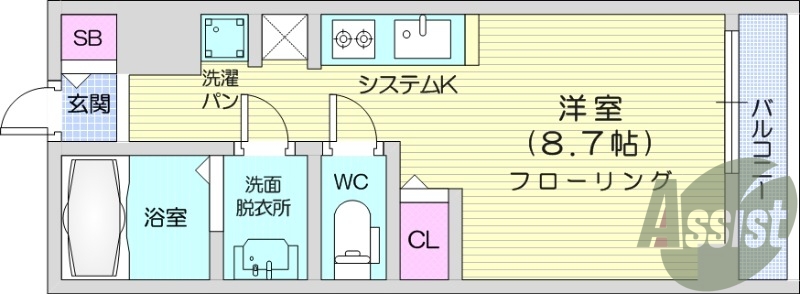 1R、室内洗濯機置場、温水洗浄便座、バストイレ別