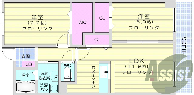 2LDK、ウォークインクローゼット、バルコニー、浴室乾燥機