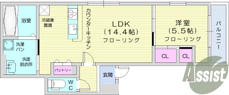 1LDK、パントリー、バストイレ別、システムキッチン