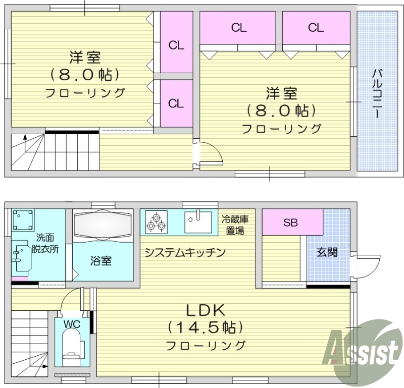 2LDK、トランクルーム付き、駐車場2台