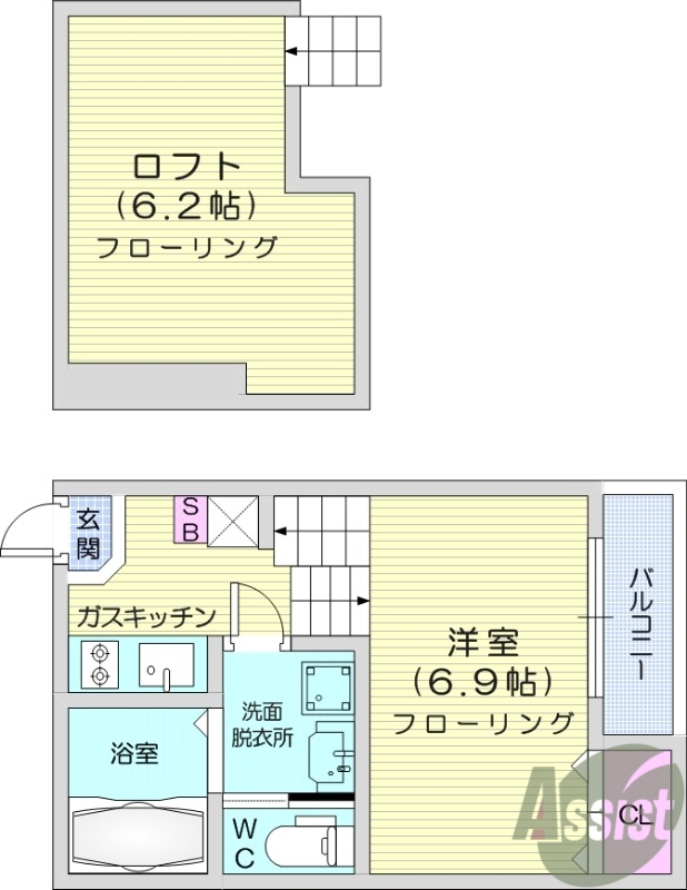 1R、ロフト、デザイナーズ、浴室乾燥機、システムキッチン