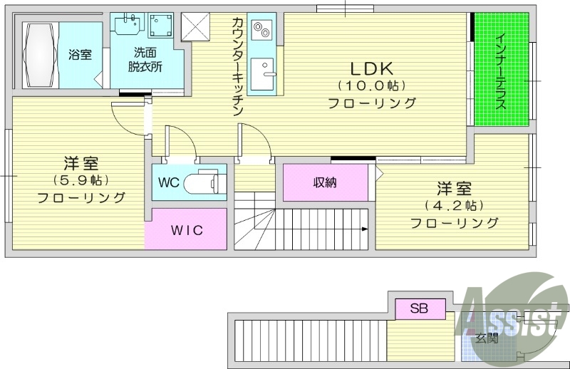 1LDK、インターネット使用料無料、インナーテラスあり。