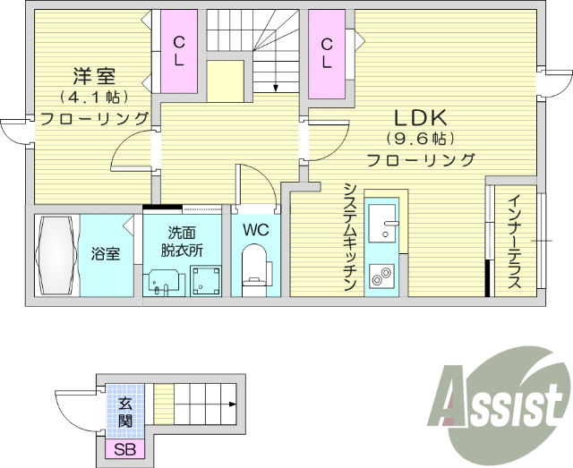 1LDK、インナーテラス、インターネット使用料無料、耐震醸造