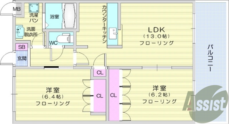 2LDK、カウンターキッチン、バストイレ別、浴室乾燥機