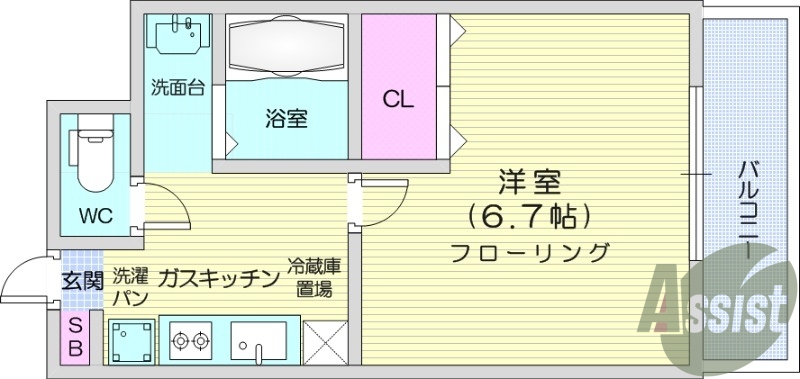 1K、エアコン、バストイレ別、システムキッチン、洗面台