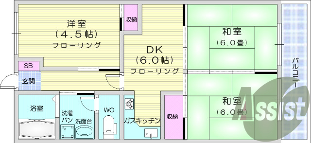 ３ＤＫ、都市ガス、L字キッチン、独立洗面台