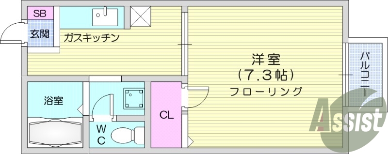 1K、陽当たり良好、バストイレ別、バルコニー付き