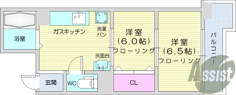 2K、フローリング、バルコニー、クローゼット。