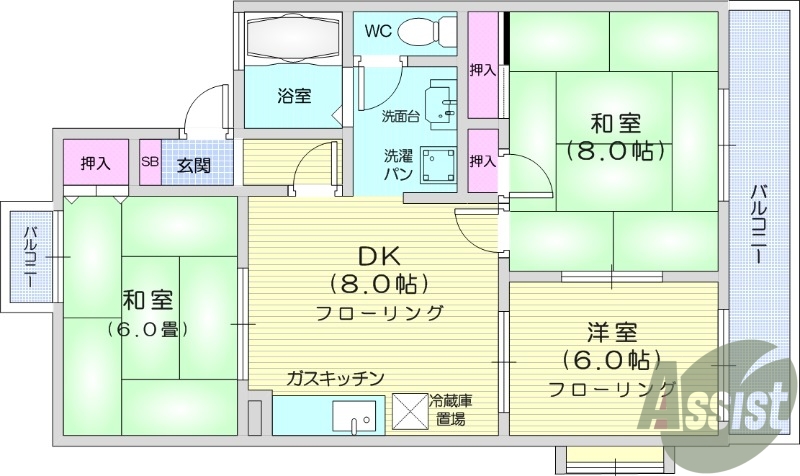 3DK、バルコニー、独立洗面台、室内乾燥機付き