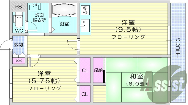 ２Dk、バルコニー、洗面所独立、クローゼット