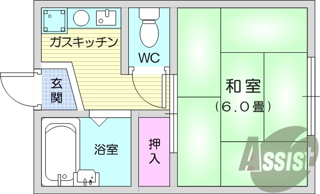 １Ｋ、和室、浴室、洗面台、トイレ、ガスキッチン、押入。