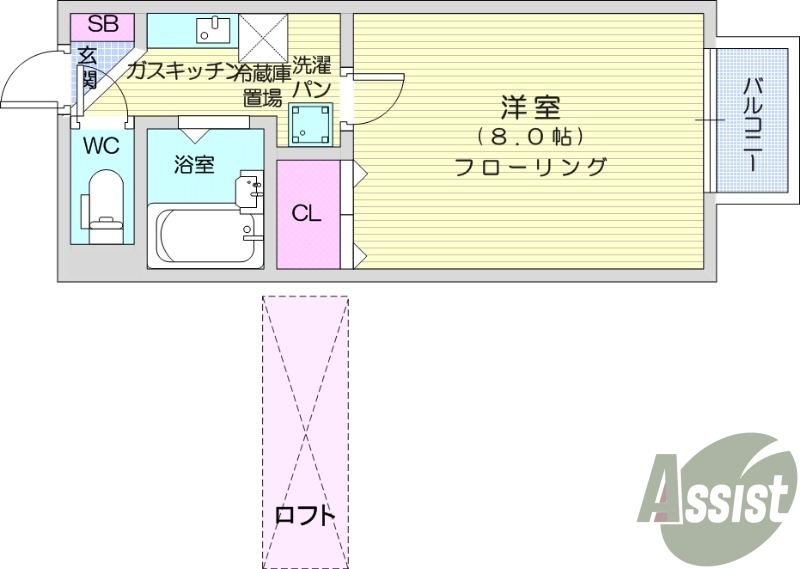 1K、ロフト付き、ネット無料、洋室8帖、