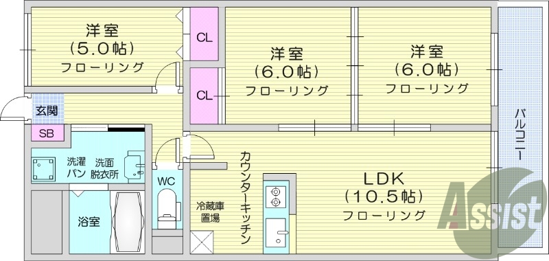 3LDK、追い焚き機能、独立洗面台、都市ガス