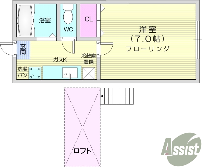 １K、ロフト、モニターインターホン、室内物干し