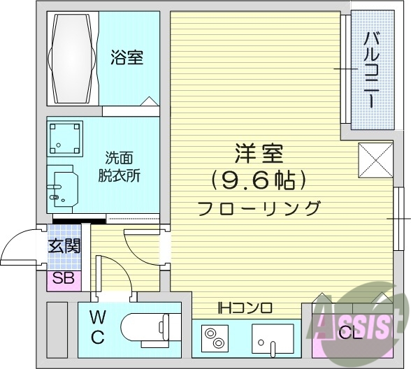 １R、家電付、バルコニー、浴室乾燥機