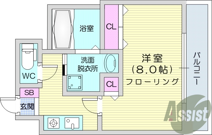 1K、ガスコンロ設置済み、独立洗面台、バストイレ別