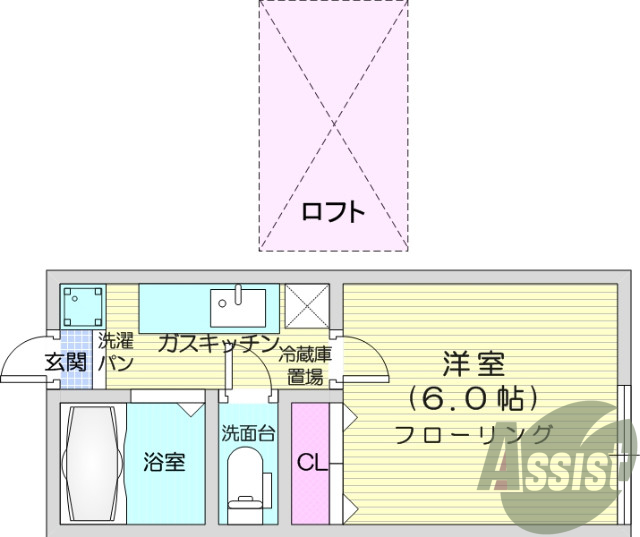 １K、ロフト付き、バス・トイレ別・インターネット無料