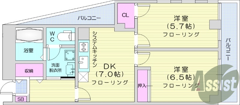 2DK、角部屋、インターネット対応、オートロック