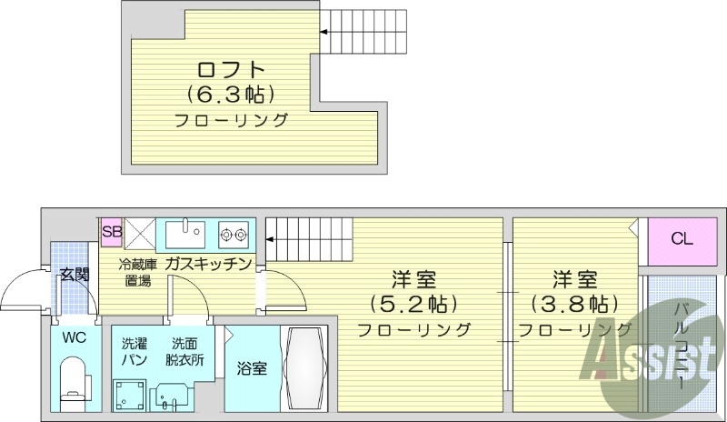 2K、浴室乾燥付き、追い焚き機能付き、ロフト付き
