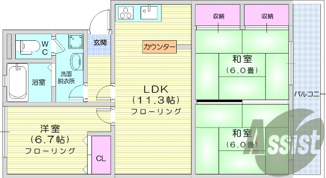 ３ＬＤＫ・エアコン・独立洗面・インターホン