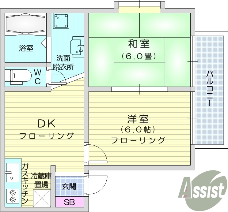 2DK、角部屋、独立洗面台、シャンプードレッサー