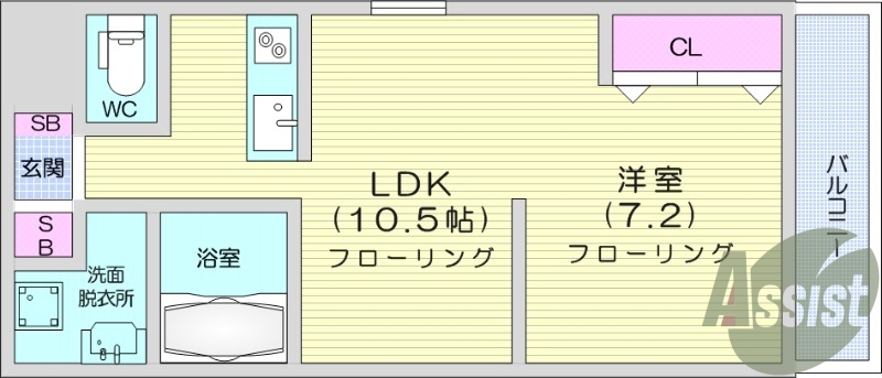 1LDK、バストイレ別、シューズボックス、システムキッチン