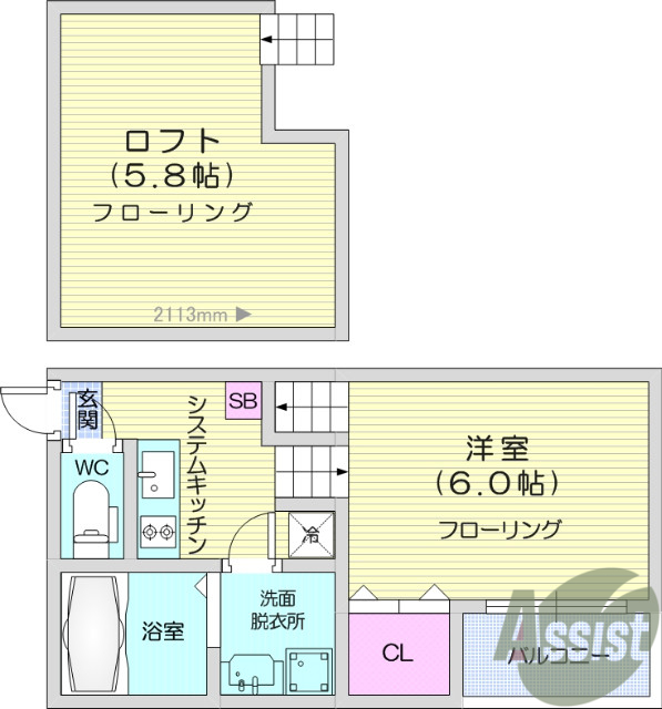 1K、エアコン、システムキッチン、ロフト、バルコニー