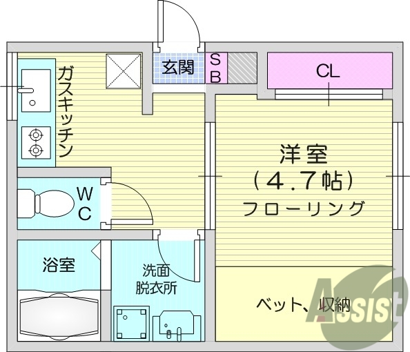 1K、エアコン、室内洗濯機置き場、トイレ浴室別、収納
