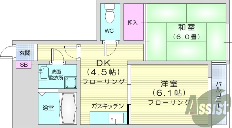 2DK、都市ガス、独立洗面台、シューズボックス