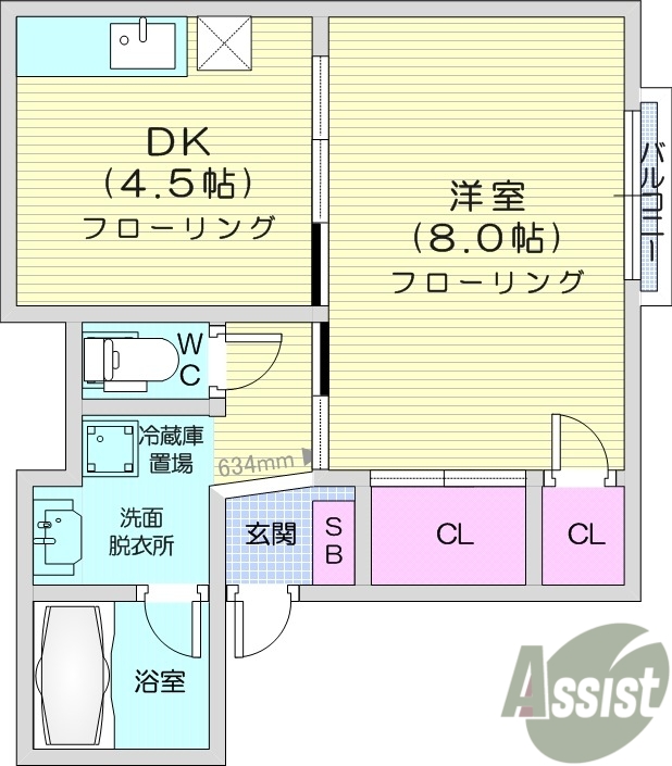 1DK、フローリング、都市ガス、収納多め